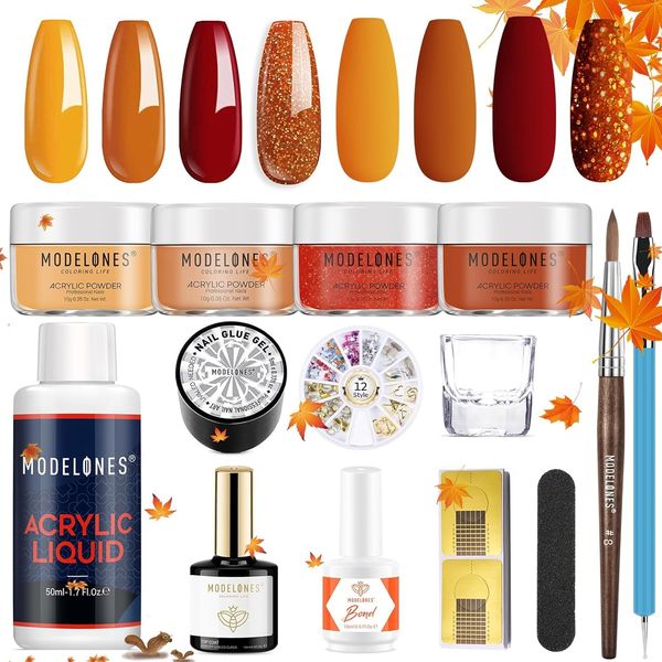 Modelones Acrylic Nail Kit, Fall Halloween Collection Acrylic Powder, Monomer Acrylic Nail Liquid Rhinestone Glue Nail Primer Top Coat and Acrylic Nail Brush, Yellow Orange Acrylic Extension Kit