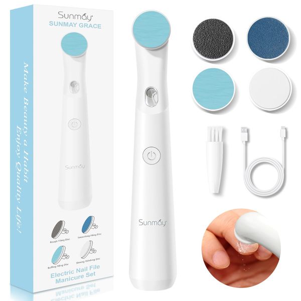 SUNMAY Electric Nail File Set, Rechargeable Nail Files and Buffers for Women Natural Gel Nails Toenails Salon with 4 Filing Discs, Professional Cordless Nail File Machine for Home Nail Pedicure