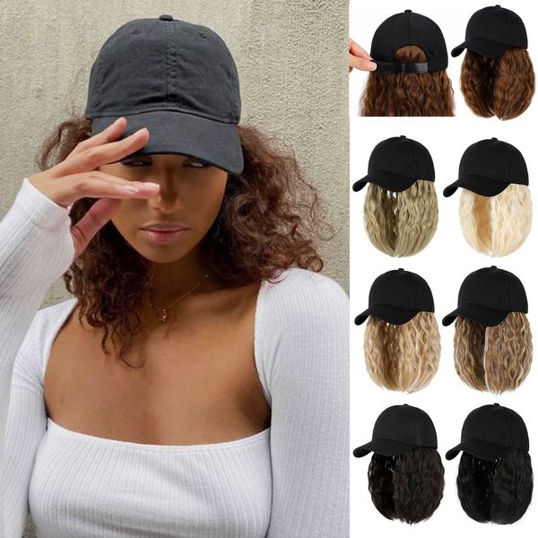 Qlenkay Baseball Cap with Hair Extensions 14inch Wavy Curly Bob Hairstyle Adjustable Wig Hat Attached Synthetic Hairpiece for Woman Baby Blonde Mix Bleach Blonde