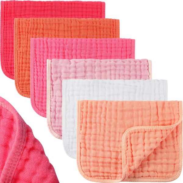 Hicarer 6 Pieces Large 20 x 10 Inch Muslin Burp Cloths Multi-Colors Washcloths Baby Burping Cloth Diapers 6 Absorbent Layers Muslin Face Towels (Pink Series)