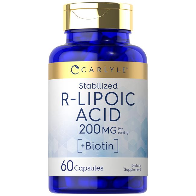 R Lipoic Acid 200mg | 60 Capsules | Stabilized | with Biotin | by Carlyle