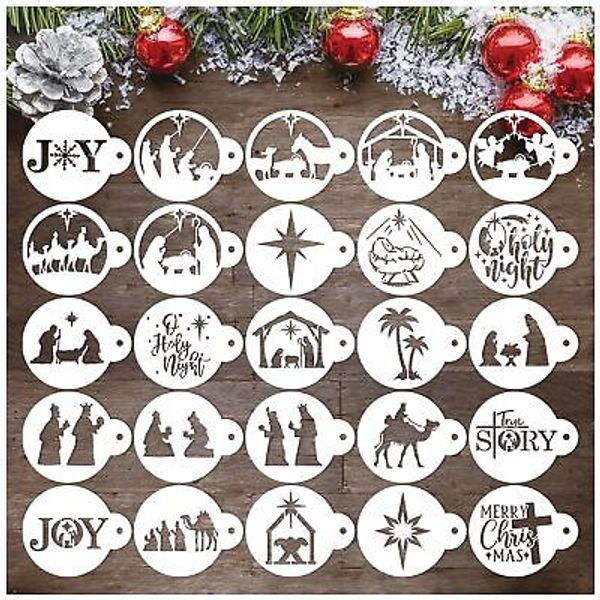 25 Pieces Nativity Stencils Reusable Small Christmas Cookie Stencils for Airb...