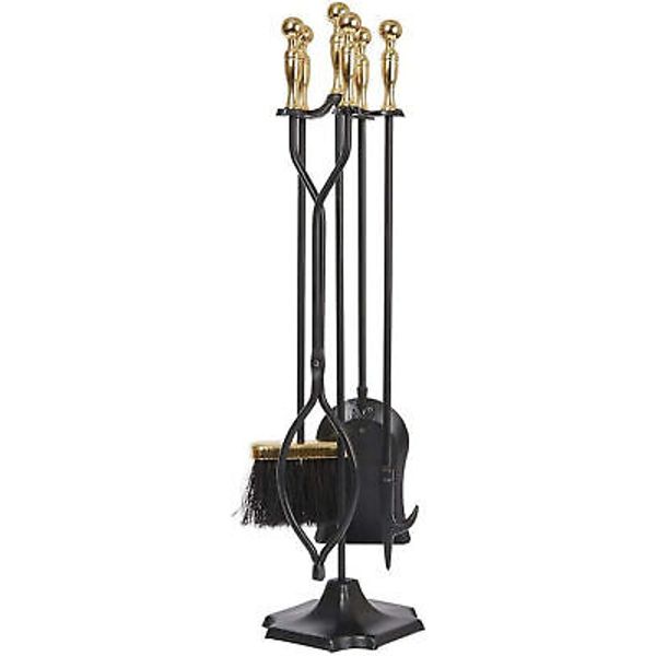 Fireplace Tools Set 5 Pieces Log Gold Handle Wrought Iron Fire Set with Stand