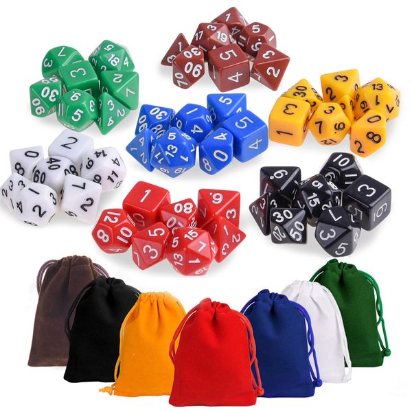 KUUQA 7 x 7 (49 pcs) Polyhedral Game Dice Set 7 Color Complete set for Dungeons and Dragons DND D&D MTG RPG Card Games D% D20 D12 D10 D8 D6 D4 with Dice Bags