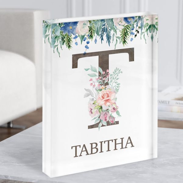 Fingerprint Designs Floral Any Name Initial T Personalised Acrylic Block