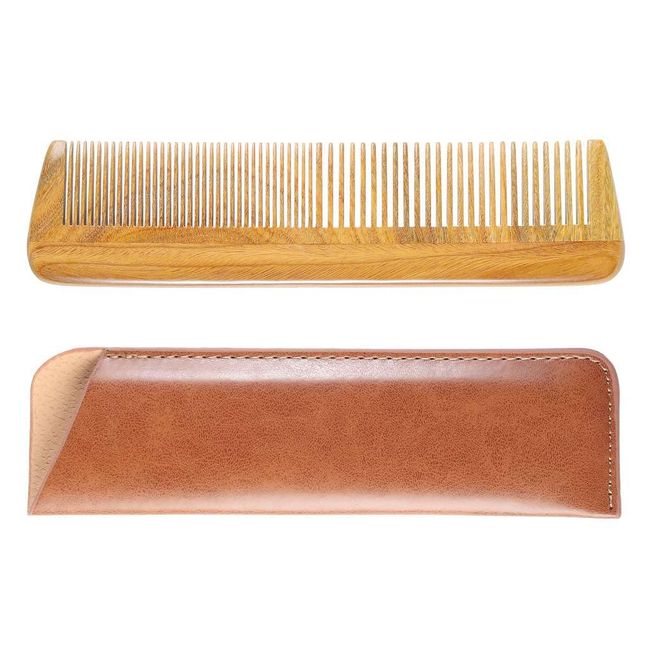 Onedor Handmade 100% Natural Green Sandalwood Wooden Comb for Men Hair, Beard, and Mustache Styling Pocket Comb With Leather Case (Long)