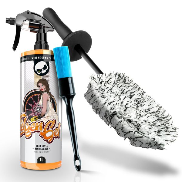 Nuke Guys Felgen Reinigungsset | Felgenreiniger 1l mit Wirkindikator + Mikrofaser Felgenbürste + Felgenpinsel | Stark gegen Bremsstaub & Flugrost | Felgen Reinigung Set für Auto & Motorrad