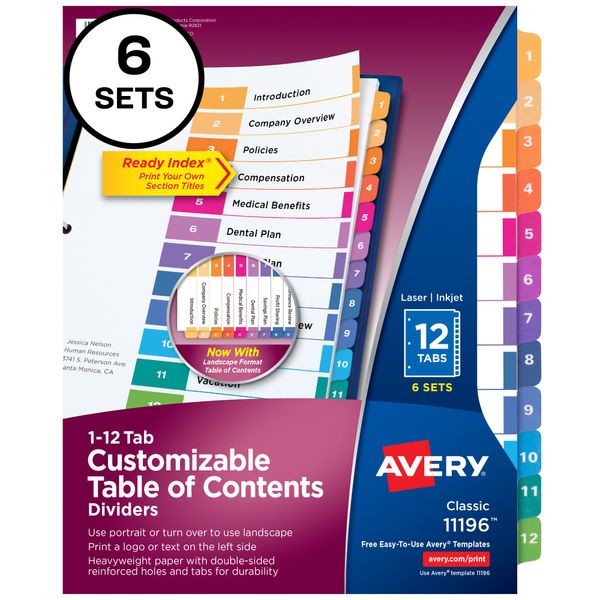 Avery 12 Tab Dividers for 3 Ring Binders, Customizable Table of Contents, Multicolor Tabs, 6 Sets (11196)