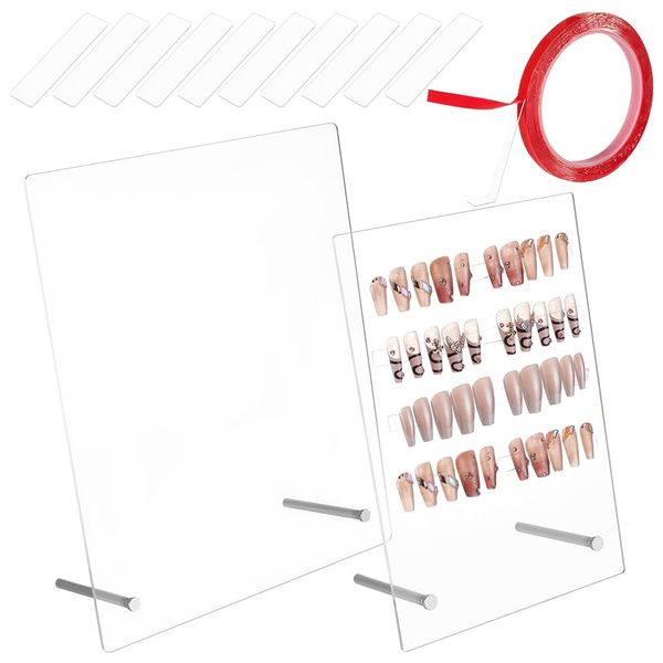 FINGERINSPIRE 2 Pcs Clear Acrylic Nail Art Display Holder 2 Styles Nail Art Display Board with 3m Double Sided Adhesive Tape and 10 Pcs Acrylic Clear Strips Tape Nail Stand Nail Tip Sample Display