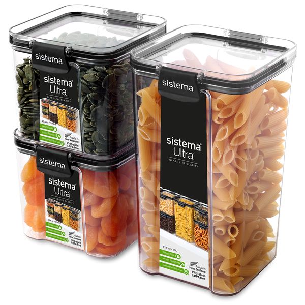 Sistema Ultra Tritan Airtight Pantry & Kitchen Storage Containers | 3 Square Plastic Food Containers with Lids (1x 1.3L + 2x 700ml) | Stackable | Locking Clips | BPA-Free| Recyclable with TerraCycle®