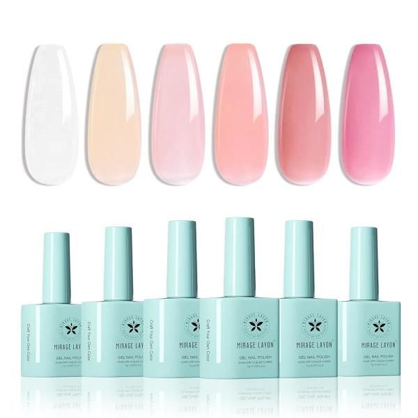 MIR Age LA Y ON Gel Nail Polish Set UV Light 6 Colors Sheer Transparent Nude Pink Neutral Jelly Kit So