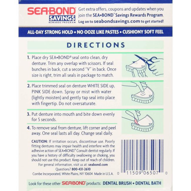 SEA-BOND Denture Adhesive Seals Uppers Fresh Mint, 30 Each (Pack of 4)