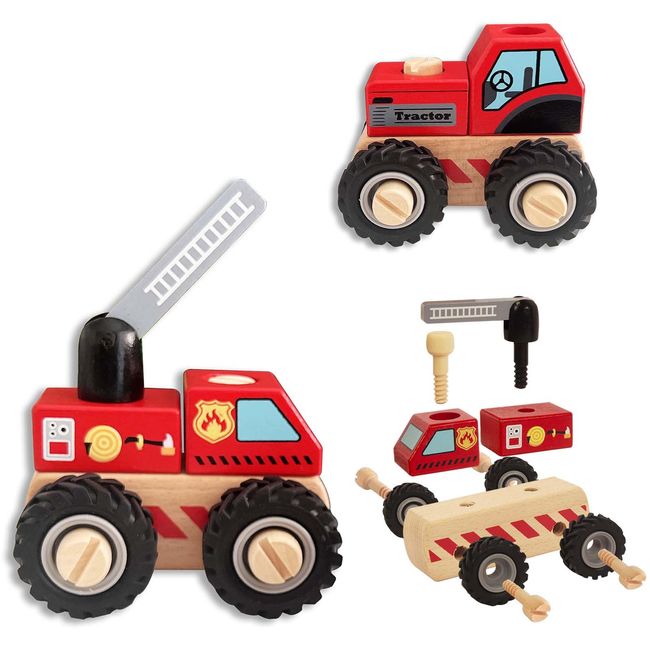 WoodenEdu Construction Vehicles for Toddlers, 2 Pcs Wooden Detachable Assemble Cranes and Tractor, Kids Vehicle Toys Hand Push Car Toys for 3 Years Old Boys Girls