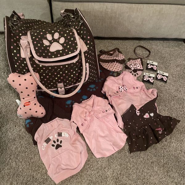 Small pet Dog/cat Carrier Brown Pink Poka Dot /Clothes, Bows Extras Lot