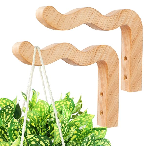 FGSAEOR Plant Hangers Outdoor, Hanging Plant Hooks for Indoors, Wave-Shaped Wooden Hanging Baskets for Wall Plant Hooks Heavy Duty for Flower Pots Wind Chimes and Bird Feeders (2-Pack, 6.8-Inch)