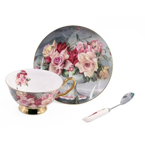 T Tocas Premium Quality Bone China Coffee Cup Teacup & Saucer & Teaspoon Set, 7oz (Red Rose Printing)