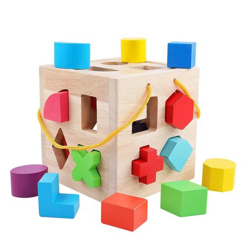 QZMTOY Shape Sorter Toys with 19 Shape Blocks,Shape Sorting Cube Toy Box Classic Wooden Toys for Toddlers Kids,Gift for Girls Boys 2-4(Natural Solid Wood)