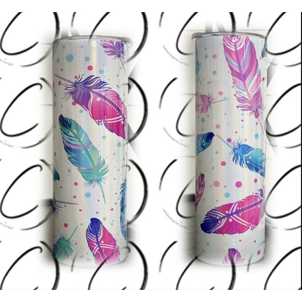 Water Color Feathers 20oz Shimmer Skinny Tumbler