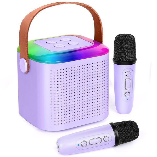 Mini Kids Karaoke Machine, Portable Bluetooth Karaoke Speaker with 2 Wireless Microphones & LED Lights Gifts Toys for Girls Boys Ages 4 5 6 7 8 9 10 11+ Home Birthday Party (2 Wireless Microphones)