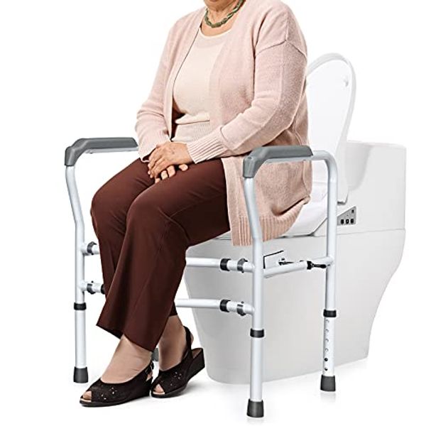 GYMAX Toilet Safety Frame & Rail, Adjustable Free-Assembly Medical Bathroom Assist Frame for Elderly with 360° Rotatable Clip, Non-Slip Heavy Duty Stand Alone Disabled Toilet Riser Handrail Grab Bar