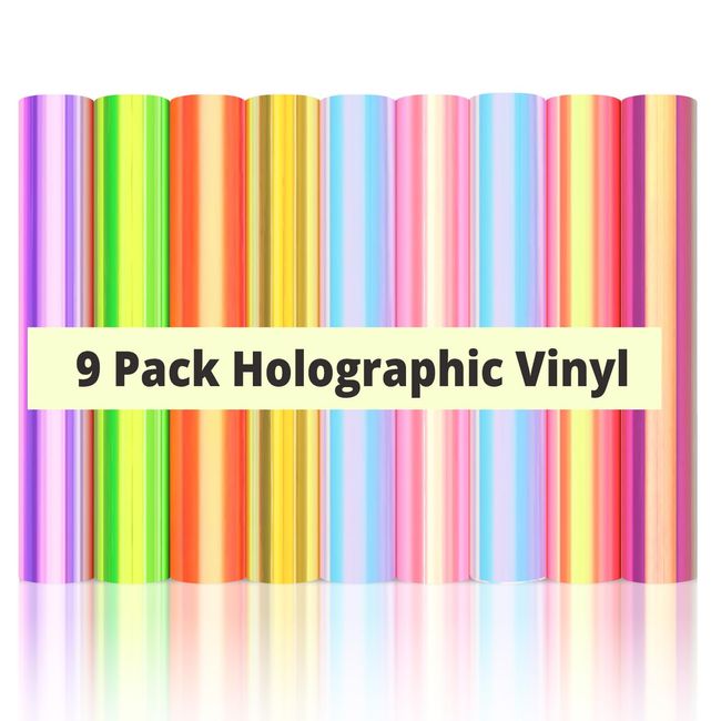 HTVRONT Holographic Vinyl Permanent - 9 Sheets Holographic Permanent Vinyl for Cricut, 9 Pack 12"x12" Holographic Adhesive Vinyl Bundle for Cricut, Easy to Use & Transfer Iridescent Vinyl Sheets