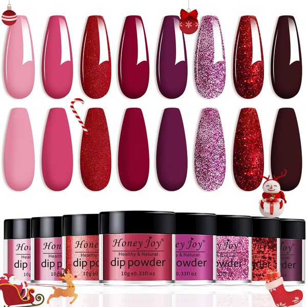 8 box/set Honey Joy Fine Dipping Powder Dip Kit Powder Nail Color System, Dark Red Rose Glitter Sequin Purple Red Wine,Like Gel Polish Effect,Even & Smooth (Dip-8pcs-04)