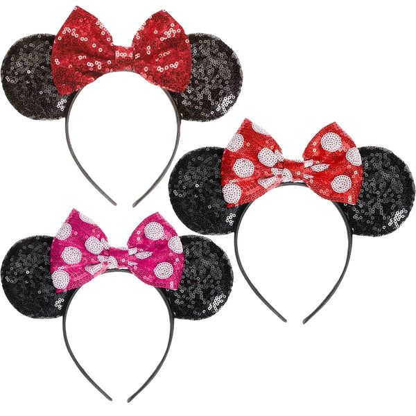 3 Pieces Mouse Ears Headband, Sparkly Bow Headbands Mouse Ears Headwear, Mickey Mouse Ears Headbands, Kids Shiny Headband, Holiday Party Birthday Party Cosplay Accessories for Adults/Children