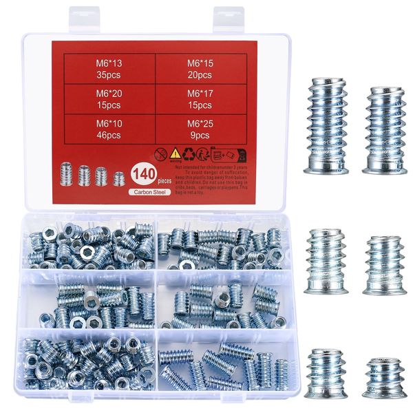 qxayxa 140 Pcs Threaded Inserts for Wood, M6 Threaded Insert Nuts, Hex Socket Drive Screw-in Nuts Assortment Set for Wood Furniture Hex Socket Screw Inserts - 10mm/13mm/15mm/17mm/20mm/25mm