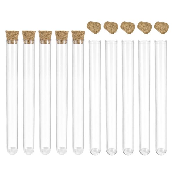 uxcell 10pcs PS Plastic Test Tube with Cork Stopper Round Base 16x150mm Storage Container for Science Experiment Sample Display Decoration