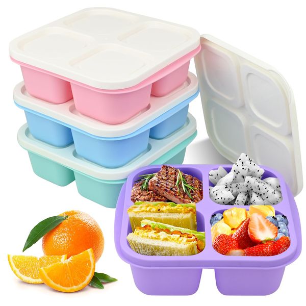 4pcs Snack Containers, Snack Boxes with 4 Compartments, Bento Snack Box, Reusable Meal Prep Lunch Containers, Divided Food Storage Containers for Adults for School Work Travel