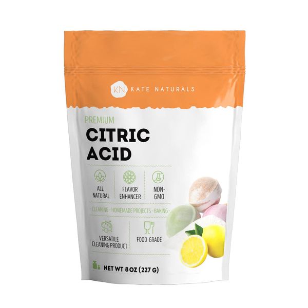 Kate Naturals Citric Acid for Bath Bombs & Cleaning (8 oz) Natural, Non-GMO, Food Grade Citric Acid Powder for Cheese Making, Sour Sugar, Water Softener, Dishwasher Cleaner, Descaling & Gummies