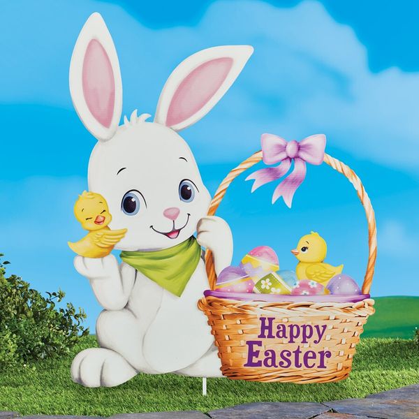 Happy Easter Bunny w Basket Eggs & Chick Yard Stake Metal Outdoor Spring Decor