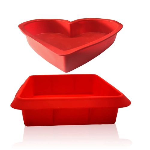 8x8 Inch Silicone Square Cake Baking Pan, Deep-Dish Roasting Lasagna and Casserole Baking Pan,+9.5in Silicone Heart Baking Bakeware Brownie Pan ,Non-Stick Easy Demoulding Set of 2-Red