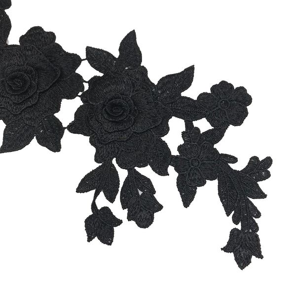 MMvolesy 1 Pc Black 3D Lace Roses Flowers Embroidery Sew On Patches Sewn Applique Embroidered DIY Clothes 11 * 4 Inch