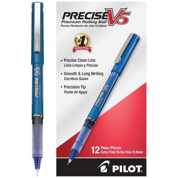 Pilot, Precise V5, Capped Liquid Ink Rolling Ball Pens, Extra Fine Point 0.5 mm, Blue, Pack of 12