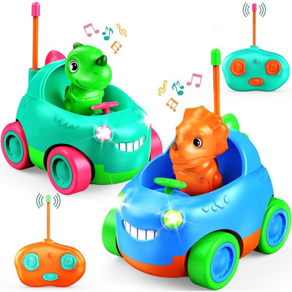 Qumcou Toddler Remote Control Car, Two Cartoon RC Cars for Toddlers, Dinosaur Toys for Kids 3-5, Birthday Gift for Boys & Girls, Car Toys with LED Lights & Music, Blue