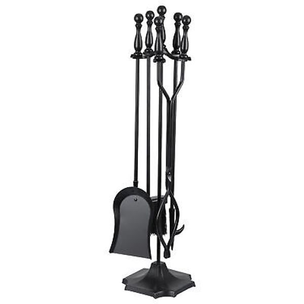 5 Pieces Heavy-Duty Fireplace Tool Set W/ Tong Brush Shovel Poker Iron Stand Set