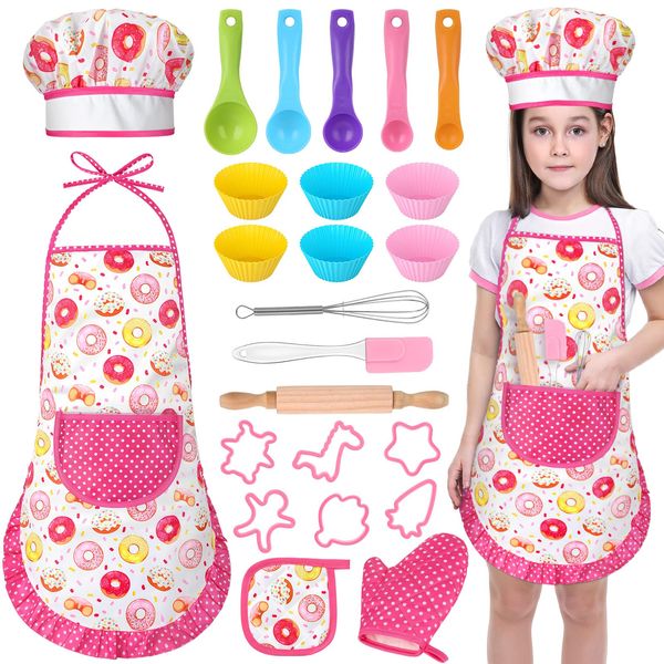 GIFTINBOX Kids Cooking and Baking Chef Set, 25PCS with Kids Apron,Chef Hat&Utensils Kids Cooking Set, Toddler Dress Up and Pretend Play Kitchen Toys, Birthday Toys for 3 4 5 6 7 8 Yr Old Girls Boys