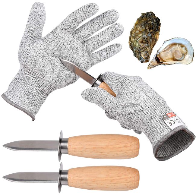 Milky House Oyster Shucking 4 Pieces Set-Oyster Shucker Opener Tool Oyster Shucking Knife with Level 5 Protection Food Grade Cut Resistant Gloves, XL