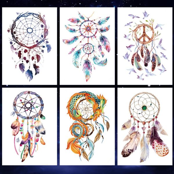 Oottati 6 Sheets Arm Large Temporary Tattoos - Colorful Dream Catcher Dreamcatcher Feather Dragon Bird World Peace