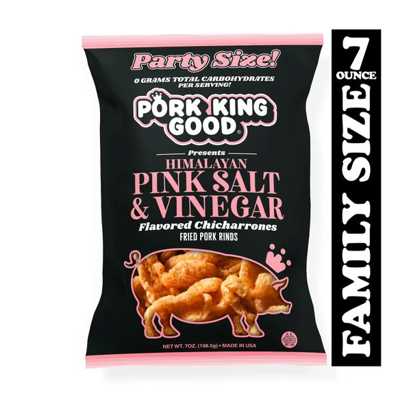 Pork King Good Himalayan Pink Salt & Vinegar Pork Rinds 7 OZ FAMILY SIZE (Chicharrones - Keto Snacks)