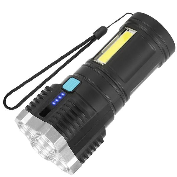 Rechargeable Flashlight LED Floodlight Torch w/Strap Super Bright Flashlight w/4 Light Modes for Emergency Camping - Black