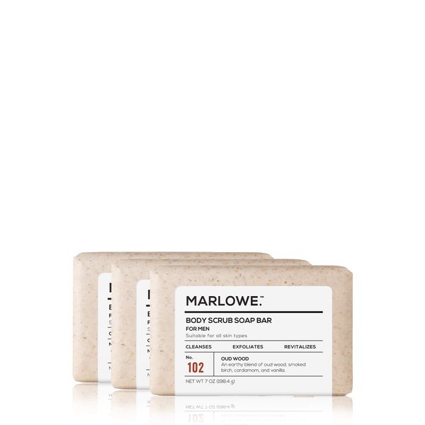 MARLOWE. No. 102 Men's Body Scrub Soap 7 oz (3 bars) | Earthy Oud Wood Scent | Best Exfoliating Bar for Men | Made with Natural Ingredients | Green Tea Extract | Updated Scent (3-Pack)