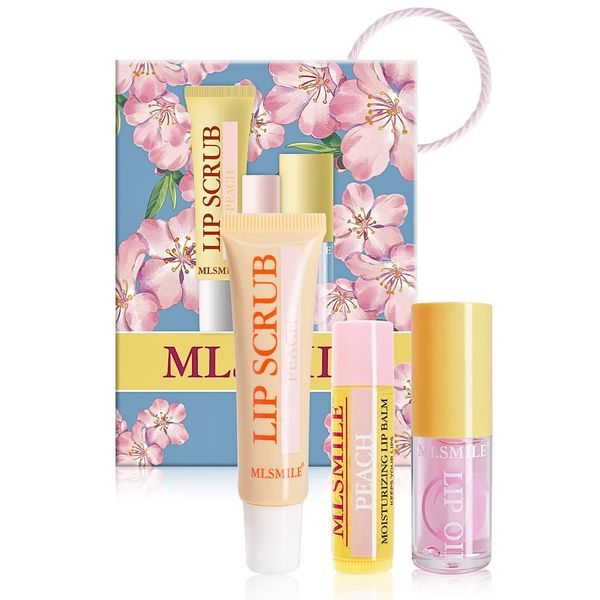 Lip Scrub and Balm Set, Lip Care Set, Hydrating Lip Glow Oil, Moisturizing Lip Balms, Lip Scrub Exfoliator, Skin Repair Protection Gifts for Her, Peach