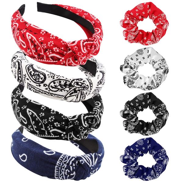 TOBATOBA 8 Pack Bandana Headband for Women Elastic Paisley Headbands, Wide Knotted Headbands for Women Top Knot Headband Turban Headbands, Vintage Boho Headbands No Slip (4set black red blue white)