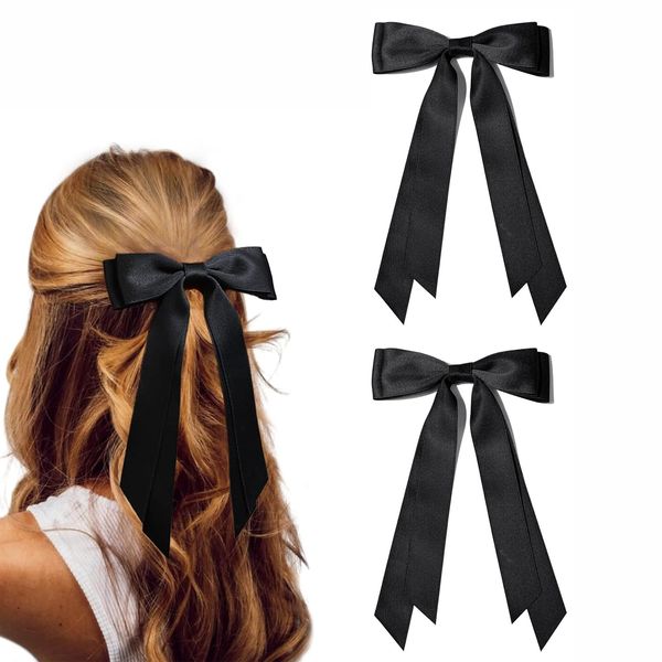 2 Pack Bows Hair Clip, French Barrette, Long Silky Satin Hair Ribbons, Bow Hair Clips, Soft Satin Silky Hair Bows for Women Girls Christmas Gifts (black＋black)