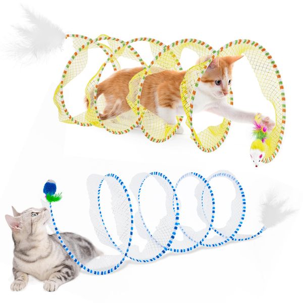 lelean 2 Pcs Cat Tunnels for Indoor Cats - S Type Foldable Cat Spiral Tunnel Toy, Decompression Interactive Self-Play Cat Hunting Spiral Tunnel Toy with Ribbon Bell Feather Balls Blue, Blue+Yellow