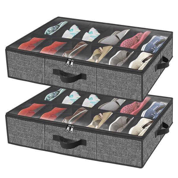 Under Bed Shoe Storage Organizer for Closet Fits 24 Pairs-Sturdy Underbed Shoe Storage Box Bins,Set of 2 (Linen-like Black)