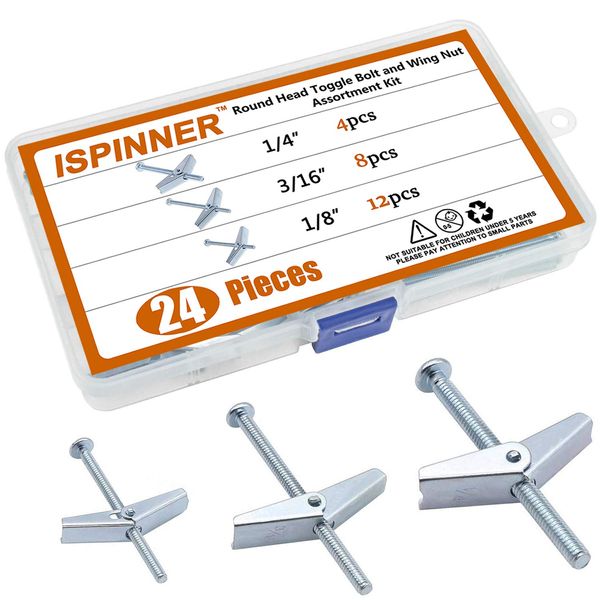 ISPINNER 24pcs Toggle Bolt and Wing Nut Assortment Kit for Drywall Hanging Heavy Items 1/8" 3/16" 1/4"