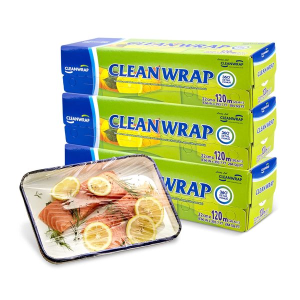 CLEANWRAP Plastic Wrap For Food (8.66in x 393.7ft - 3 Pack) | Plastic Wrapping Paper For Food, Bpa Free Food Wrap, Clear Wrap to Seal Baked Goods, Food Transparent Wrap, Press and Seal Wrap